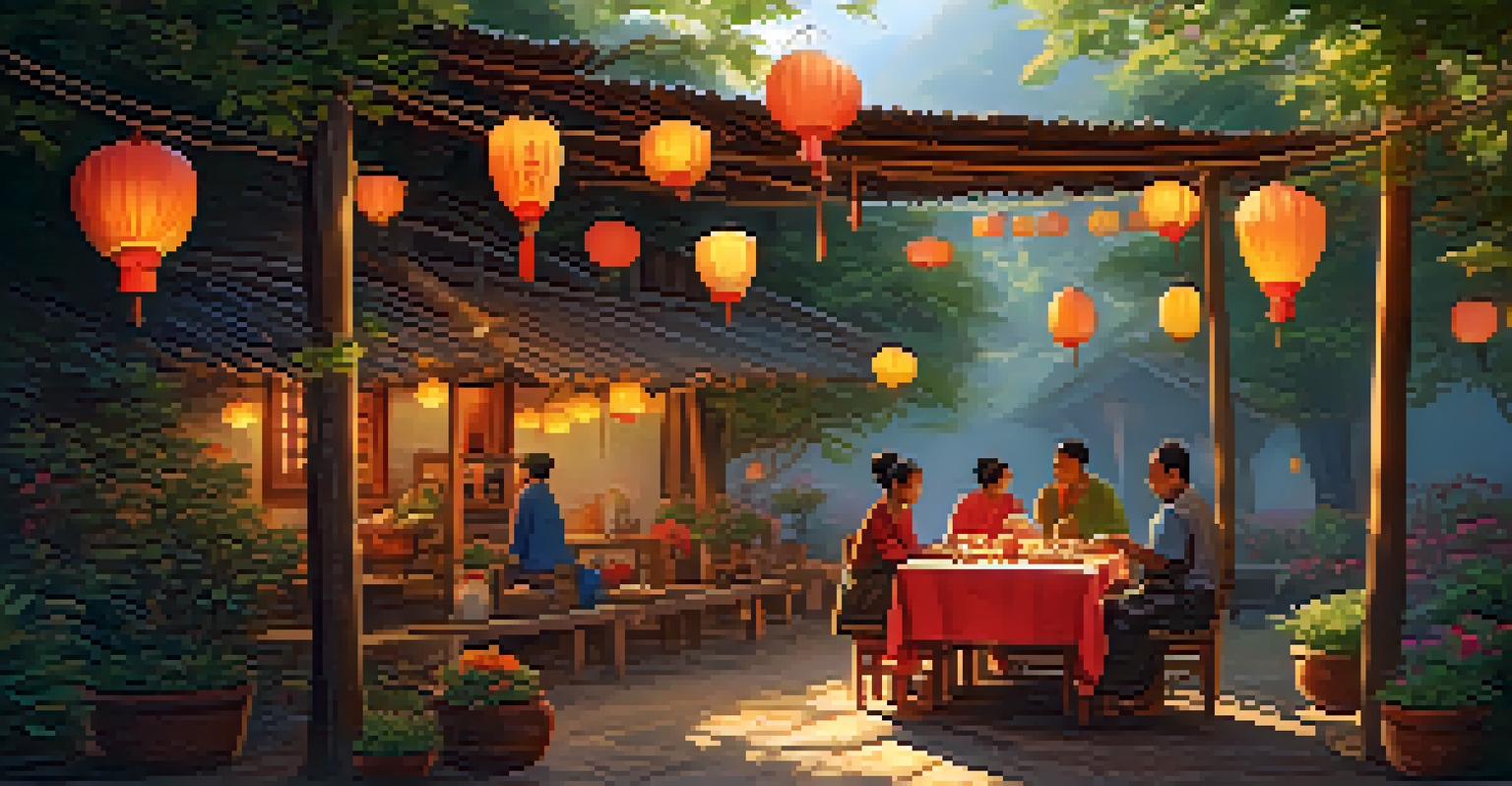 A cozy dining setup with local dishes in a village homestay under a tree canopy at sunset.