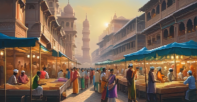 A busy diamond market in Surat with artisans polishing diamonds and colorful market stalls.