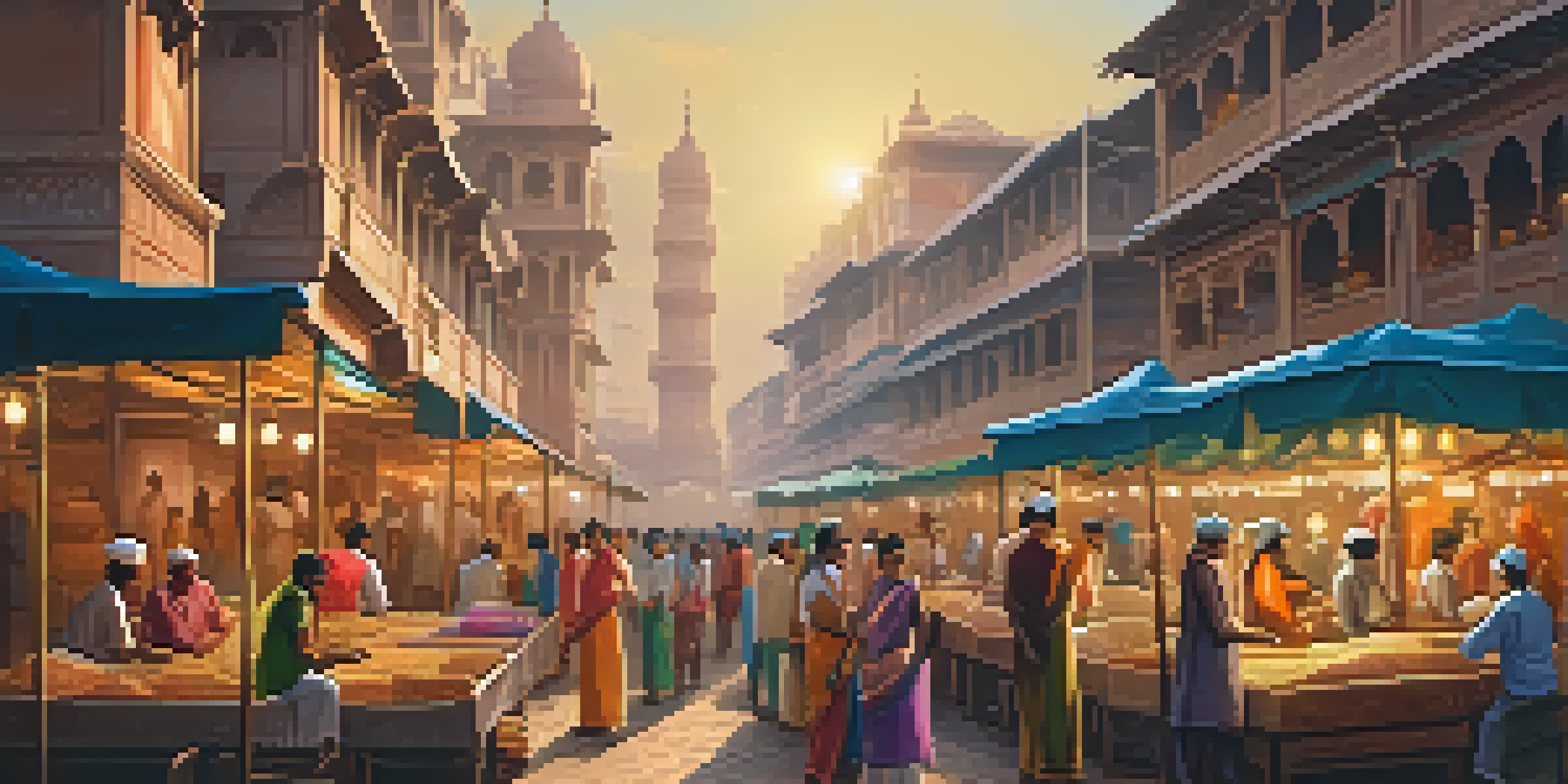 A busy diamond market in Surat with artisans polishing diamonds and colorful market stalls.