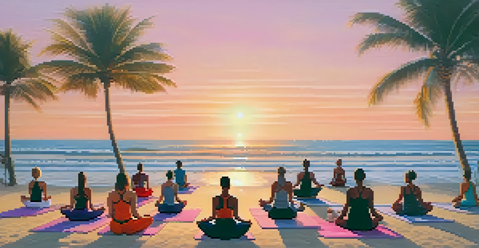 A group practicing yoga on a beach at sunrise, with palm trees and colorful sky.