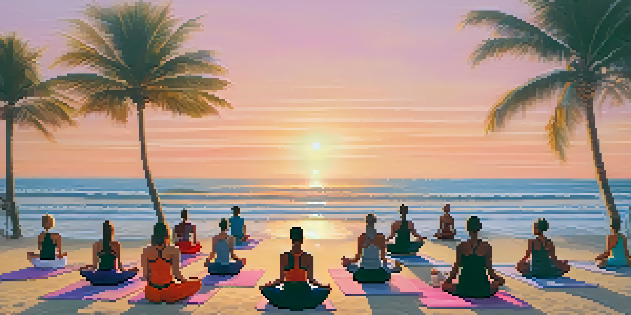 A group practicing yoga on a beach at sunrise, with palm trees and colorful sky.