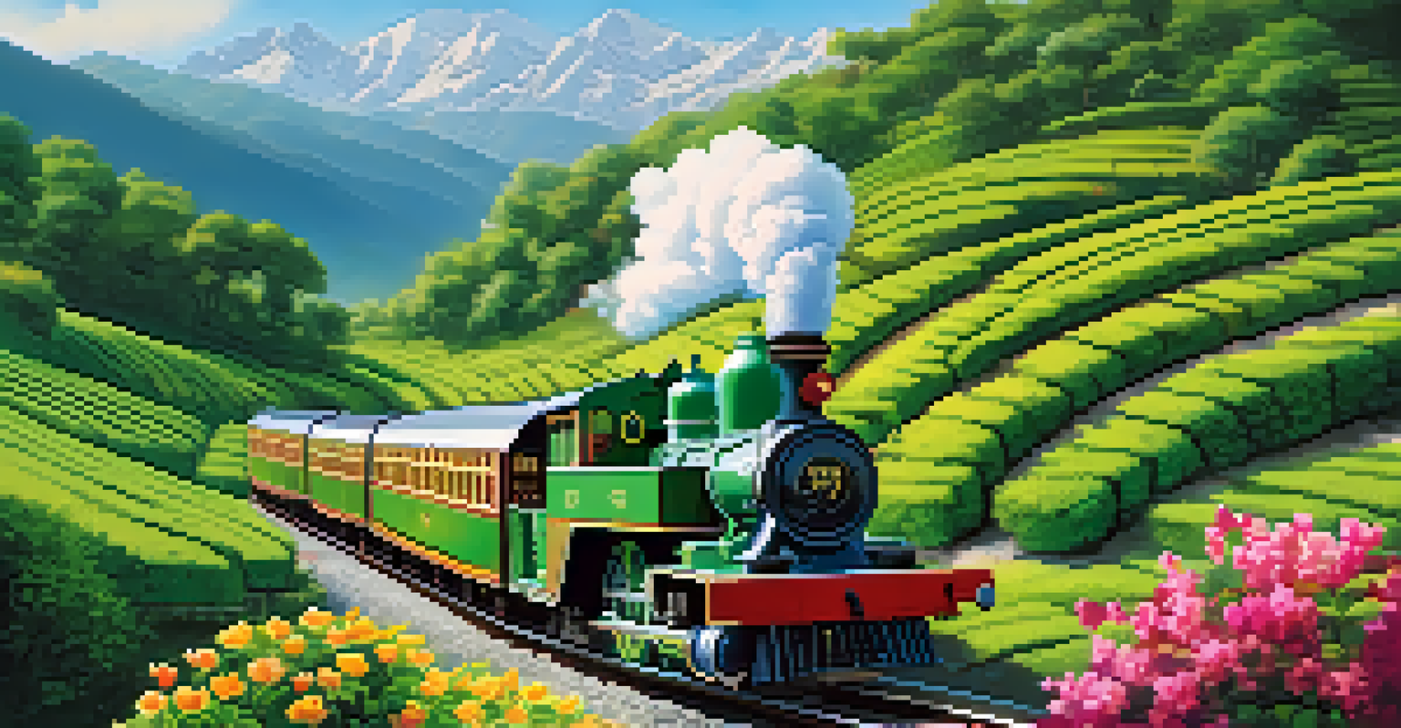 A narrow-gauge toy train in the Himalayas, surrounded by tea plantations and mountains, with steam rising from the locomotive.