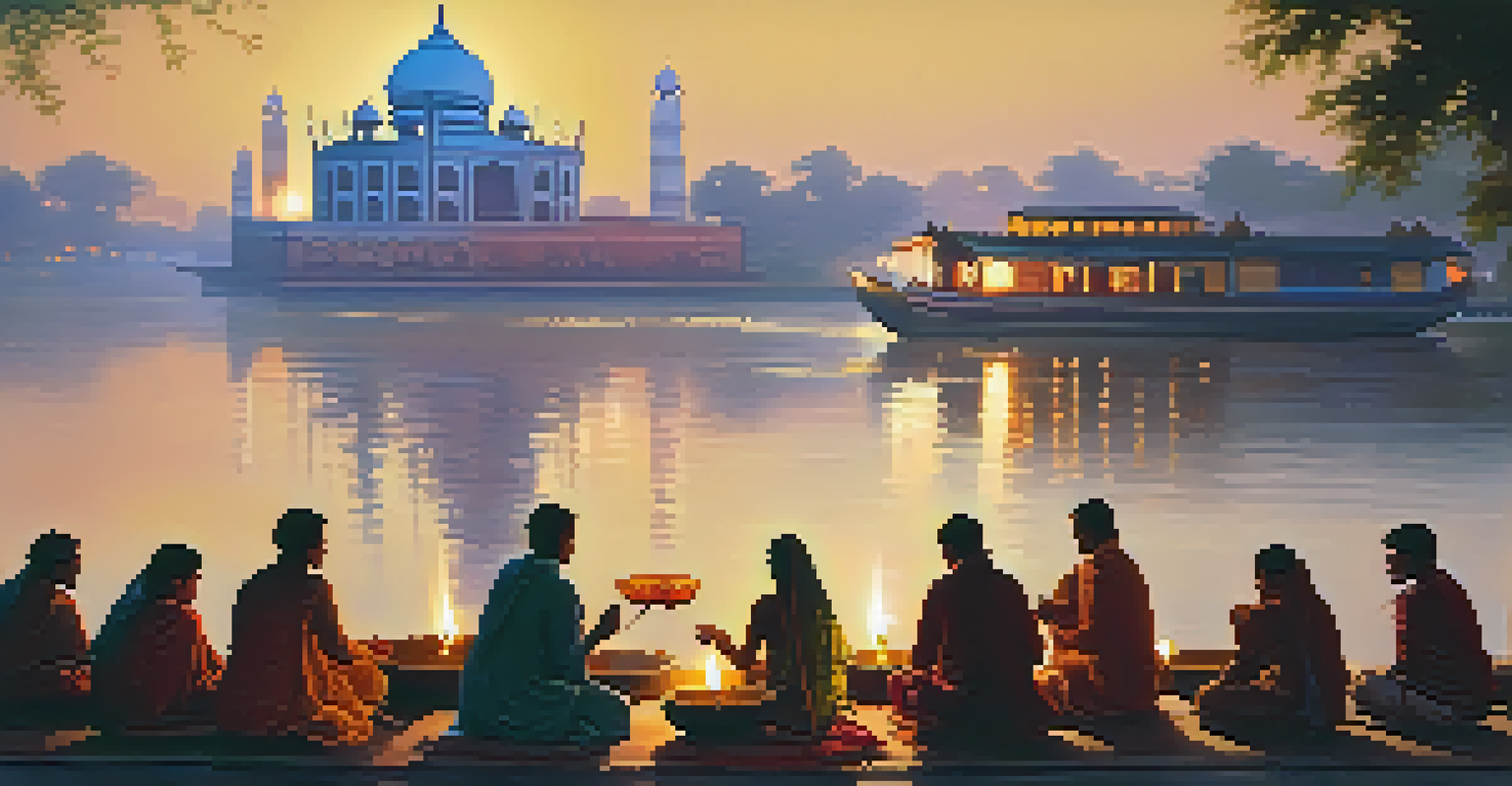 The Ganges River at dawn with floating candles and devotees creating a tranquil spiritual atmosphere.