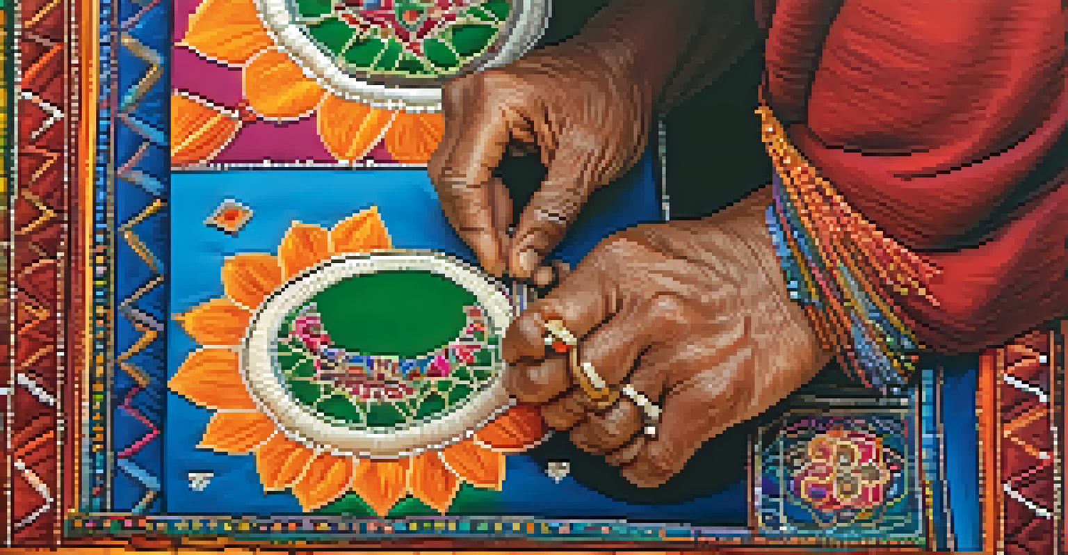 A close-up of an artisan in Kutch working on intricate mirror work embroidery, with colorful patterns illuminated by natural light.