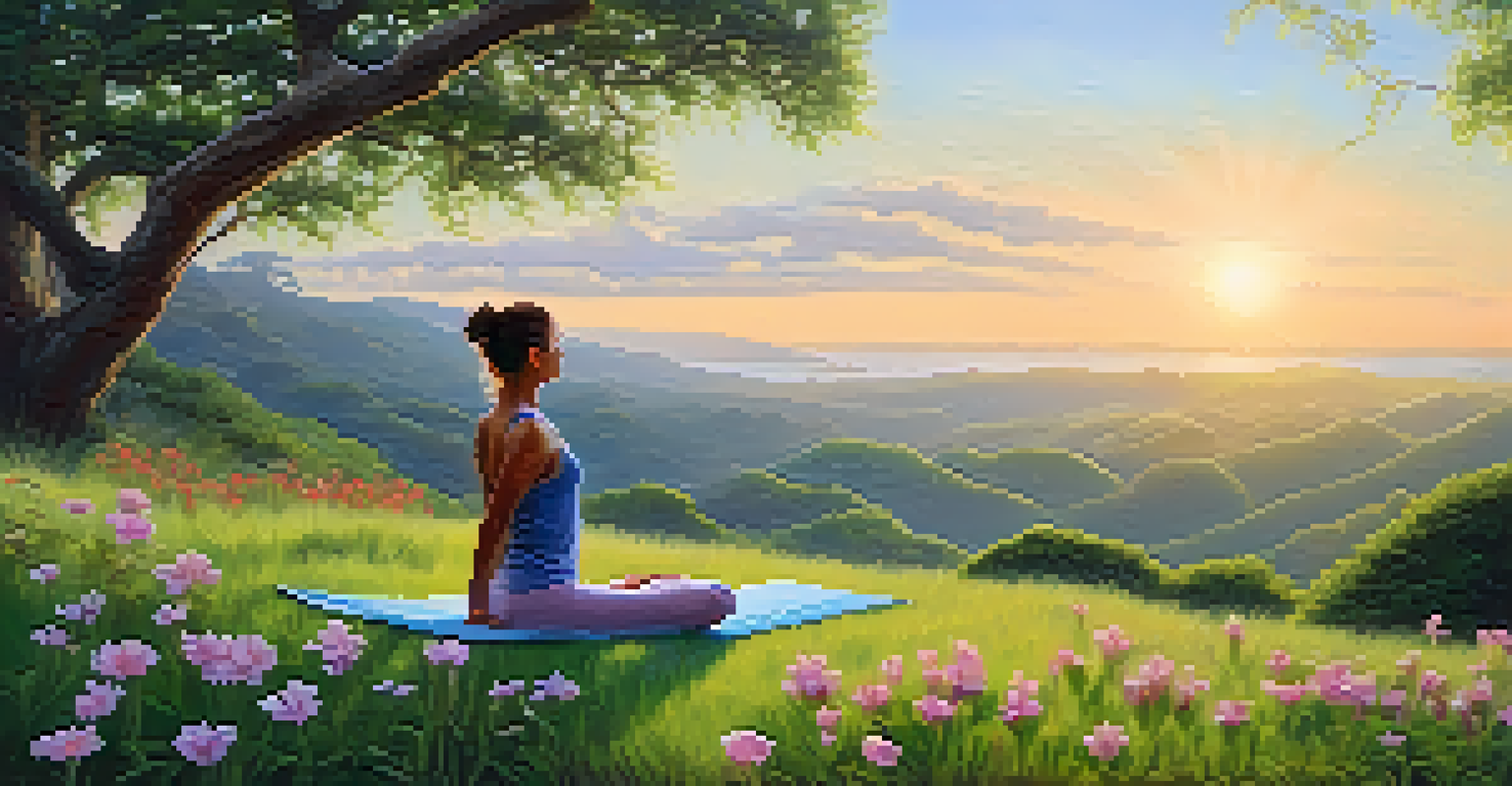 A person practicing yoga on a hilltop at sunrise, surrounded by greenery and flowers.