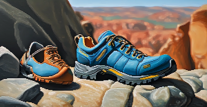 A close-up of a colorful climbing shoe on a rocky surface with climbing gear in the background.