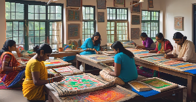 A lively workshop where participants create Madhubani paintings, with artisans demonstrating techniques and colorful textiles around.