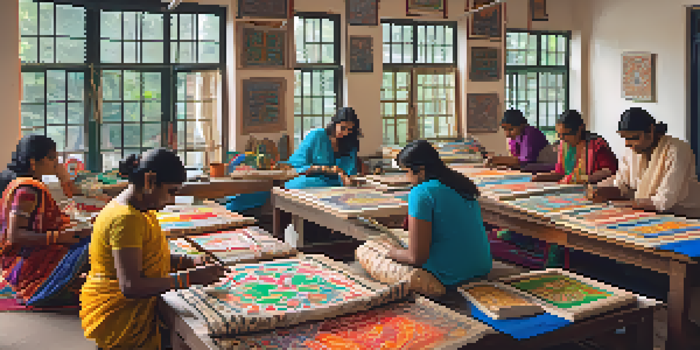 A lively workshop where participants create Madhubani paintings, with artisans demonstrating techniques and colorful textiles around.