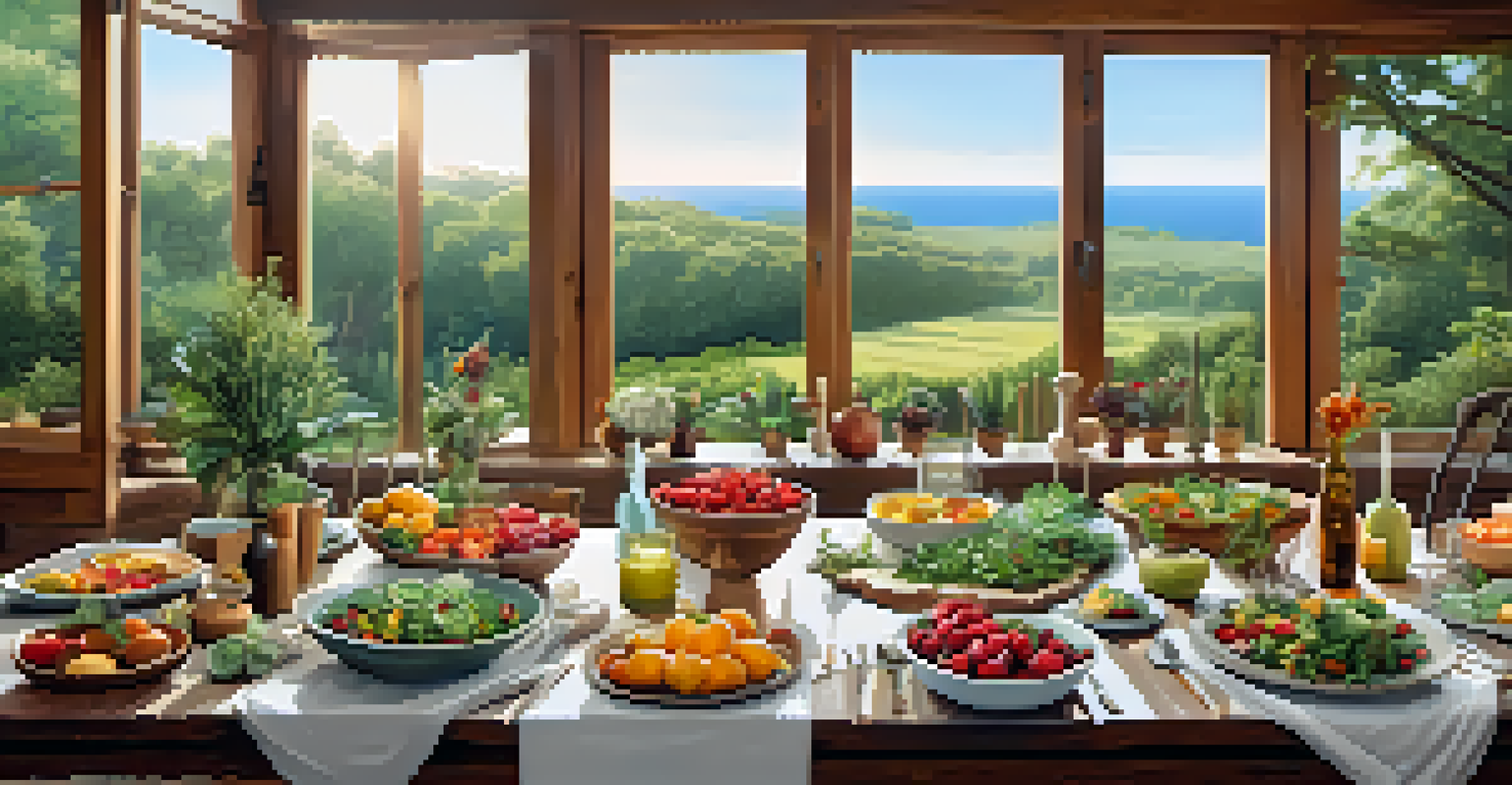 A rustic wooden table set for a communal meal with organic fruits and salads in a well-lit garden.