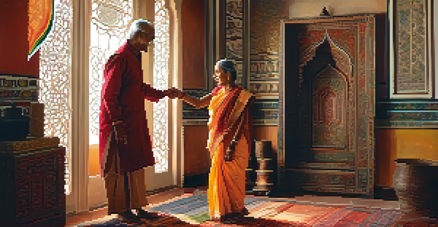 A younger person greeting an elder with a respectful gesture in a warmly lit traditional Indian home filled with rich decor.