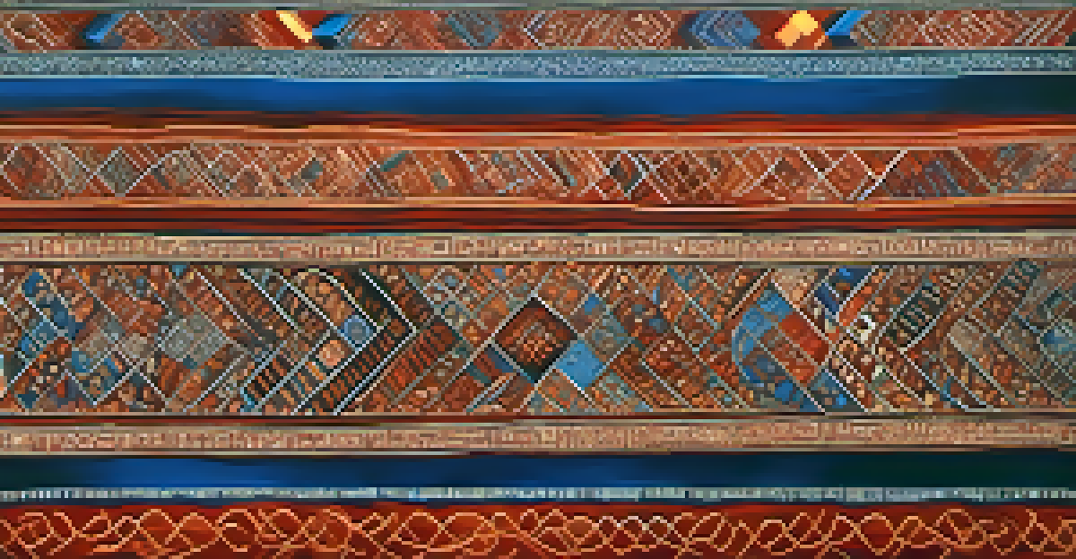 Close-up of intricately designed Chaturanga pieces against a blurred traditional textile pattern background.