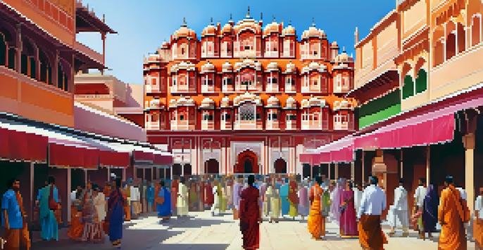 A lively cultural heritage walk in Jaipur, highlighting traditional architecture and colorful market stalls with participants in local attire.