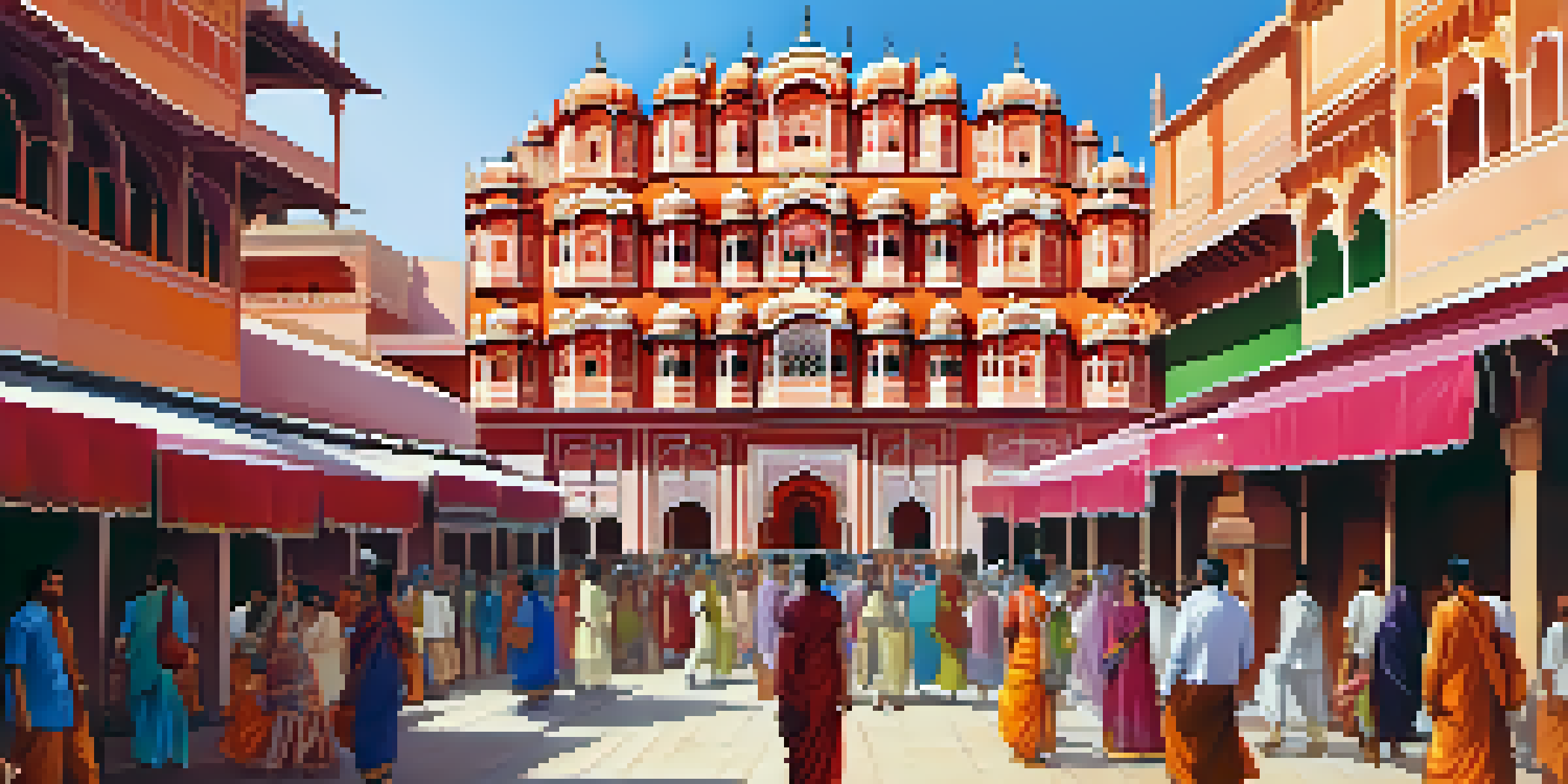 A lively cultural heritage walk in Jaipur, highlighting traditional architecture and colorful market stalls with participants in local attire.