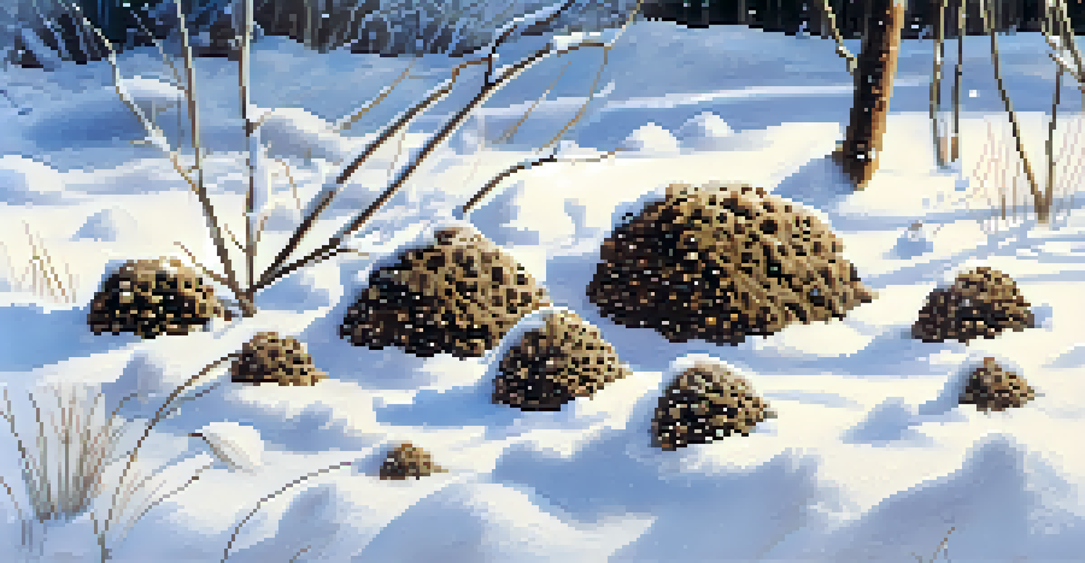 A detailed close-up of animal scat in the snow, showcasing different shapes and textures.