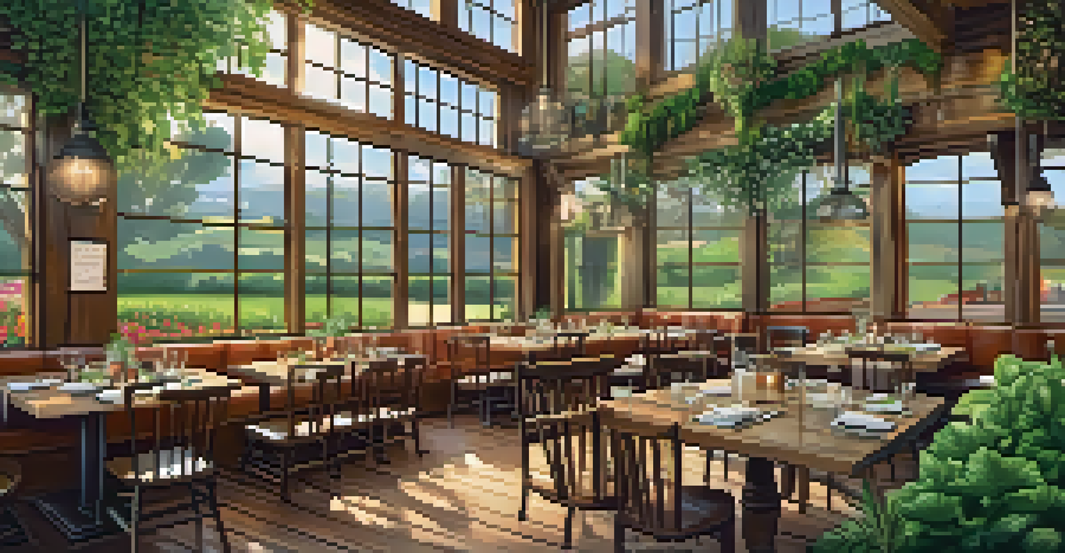 A rustic table filled with fresh, colorful dishes in a cozy farm-to-table restaurant, with green plants and farm scenery visible through the windows.