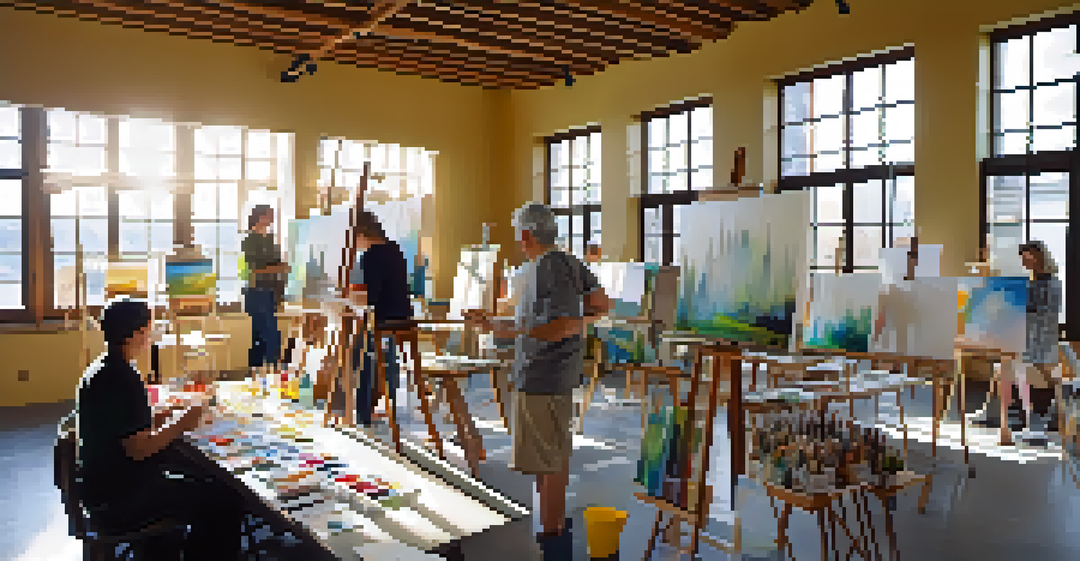 A bright painting workshop with participants of different ages painting on easels, demonstrating a friendly and creative environment.