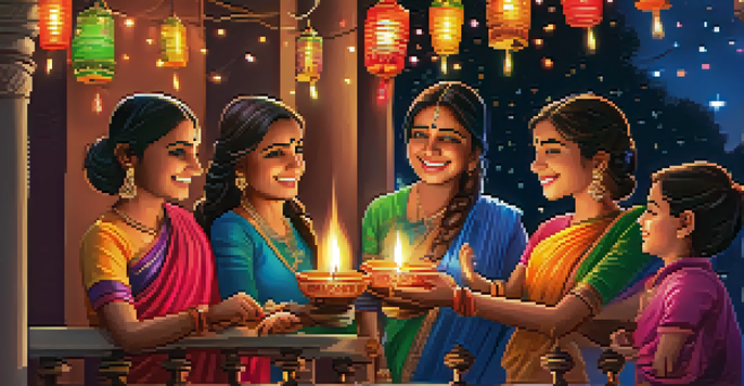 A lively Diwali celebration with families lighting lamps on a balcony, surrounded by colorful decorations and fireworks in the night sky.