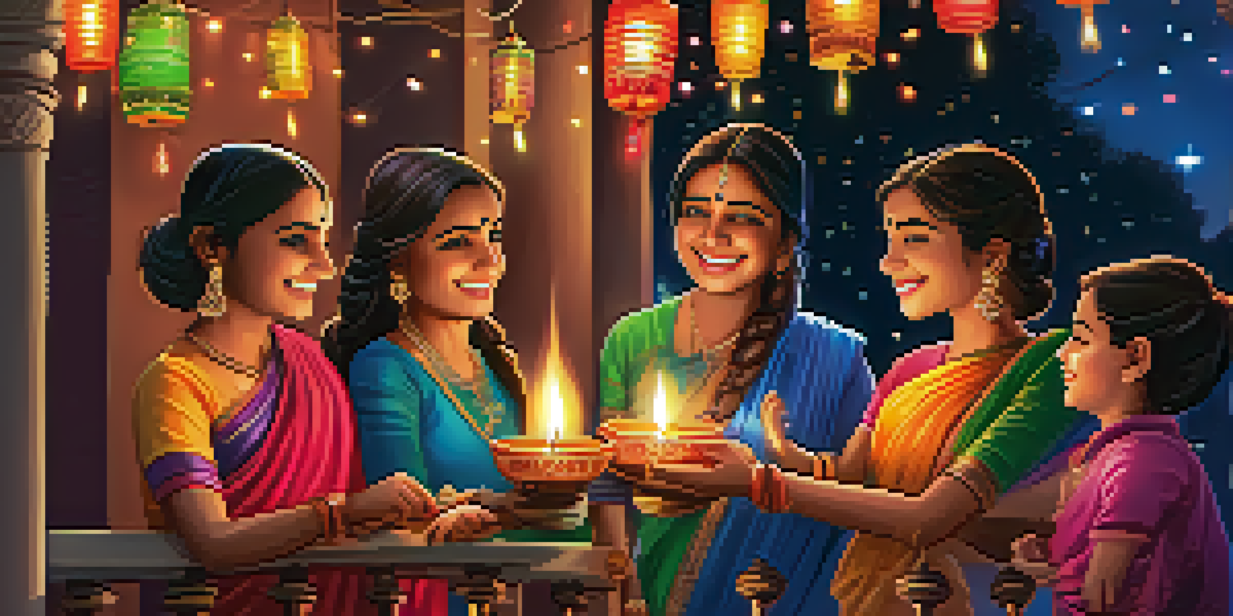 A lively Diwali celebration with families lighting lamps on a balcony, surrounded by colorful decorations and fireworks in the night sky.