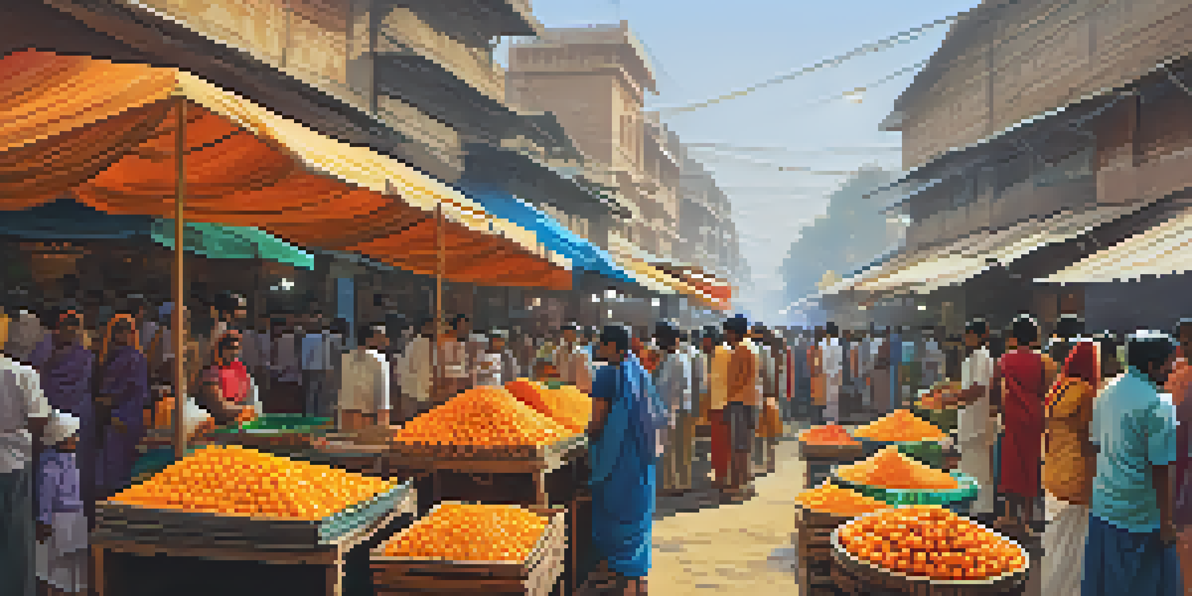 A lively market in Nagpur with colorful stalls of oranges and fresh produce, filled with people and traditional buildings in the background.
