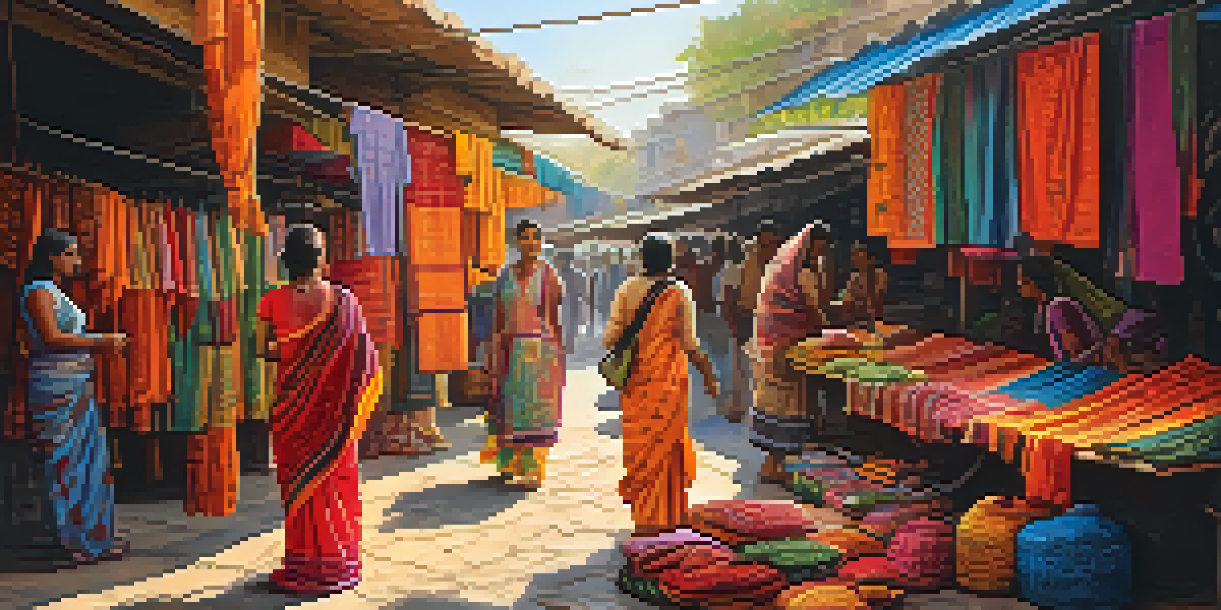 A bustling market in Ahmedabad with colorful textiles and artisans interacting with tourists under warm evening sunlight.