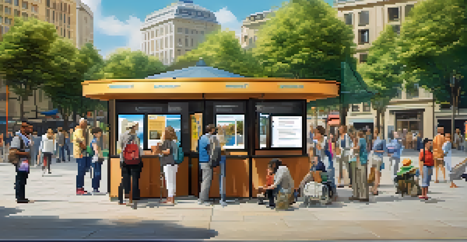 An outdoor tourist information booth with a digital screen providing accessible resources, surrounded by diverse travelers in a city square.