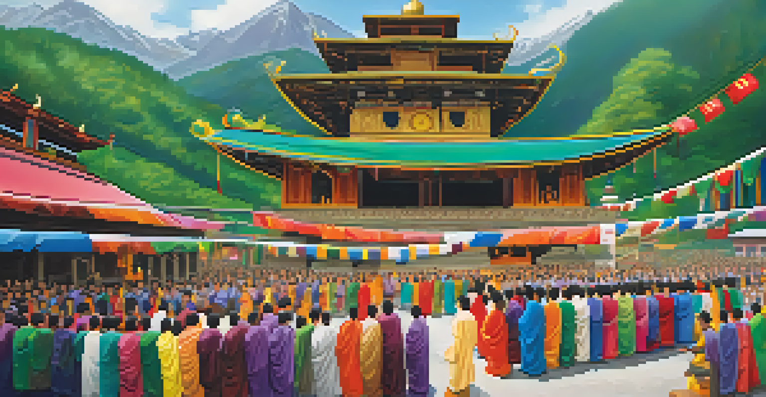 Devotees celebrating Buddha Jayanti at a monastery in Sikkim, with prayers and colorful processions, set against Buddhist architecture and greenery.