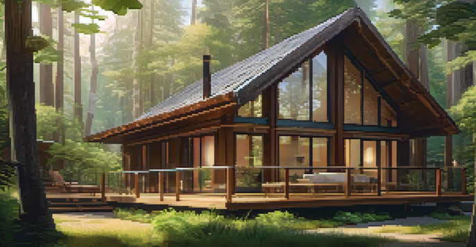 An eco-friendly lodge surrounded by lush greenery, featuring large windows and a wooden deck with sunlight filtering through the trees.