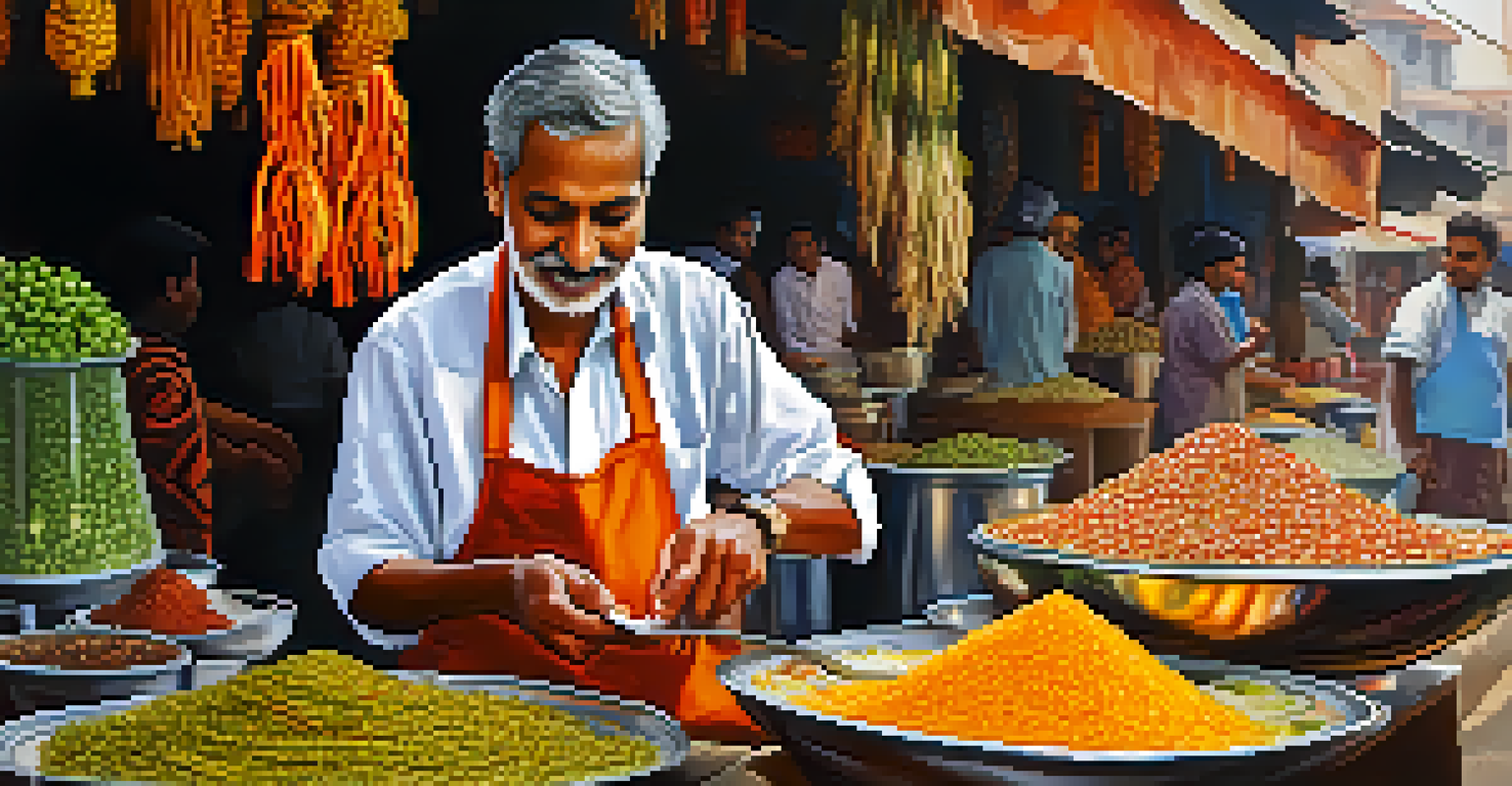 A street food vendor preparing Chaat with colorful ingredients and spices in an authentic setting.