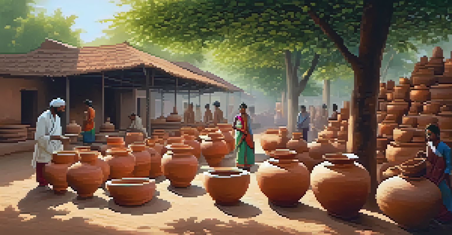 Artisans working in a terracotta village in Bengal, surrounded by pots and sculptures, with a warm sunset illuminating the scene.