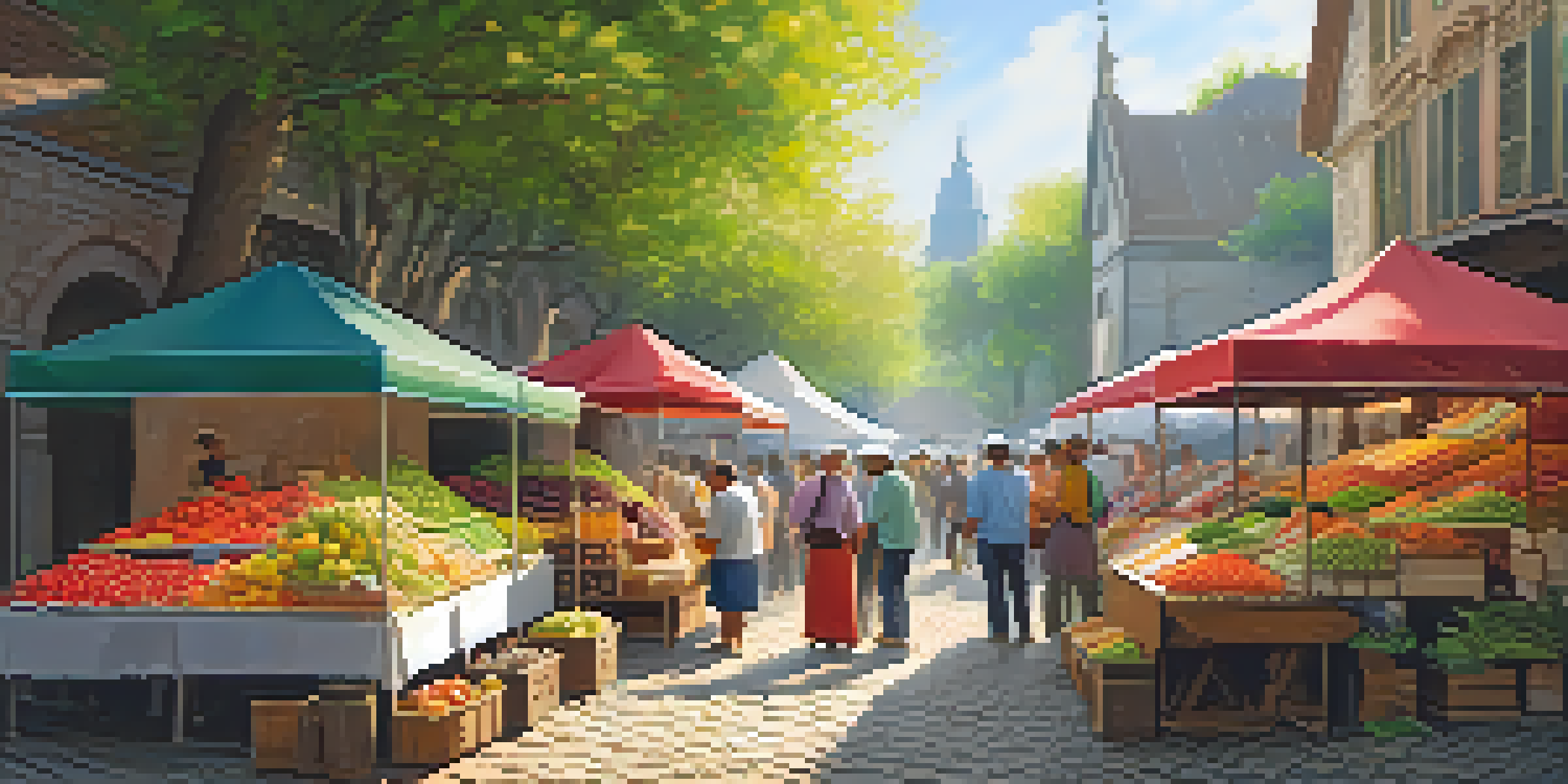 A lively artisan food market with colorful produce and local artisans interacting with customers under soft morning sunlight.