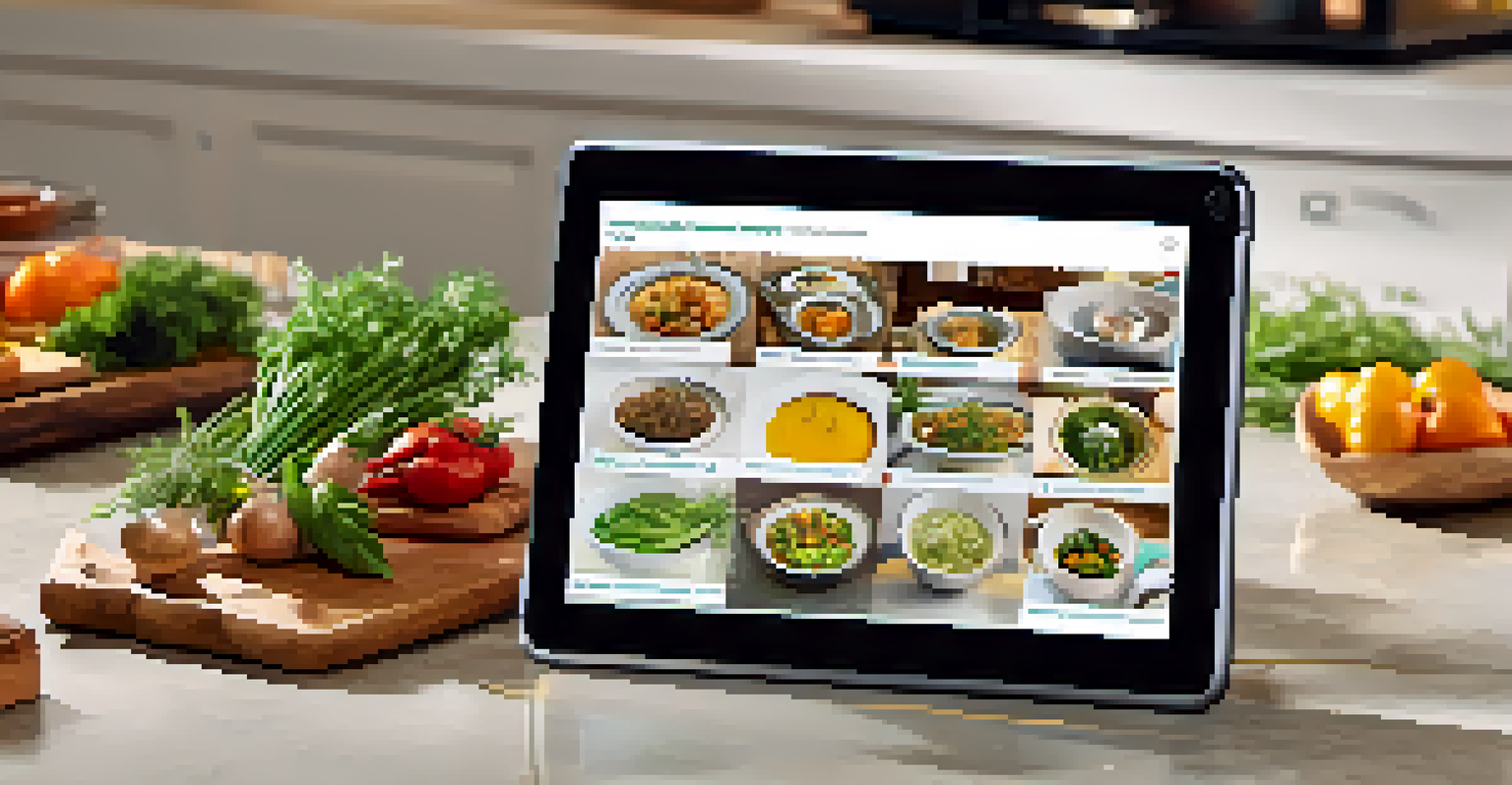 A tablet displaying a digital recipe book with colorful images of traditional dishes and cooking instructions.