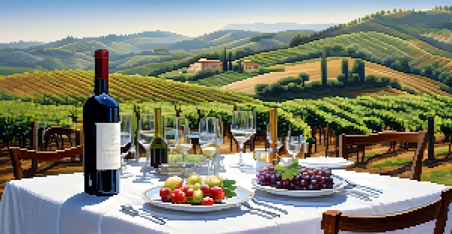 An outdoor dining setup in an Italian vineyard with a long table, fine china, and rolling hills in the background.