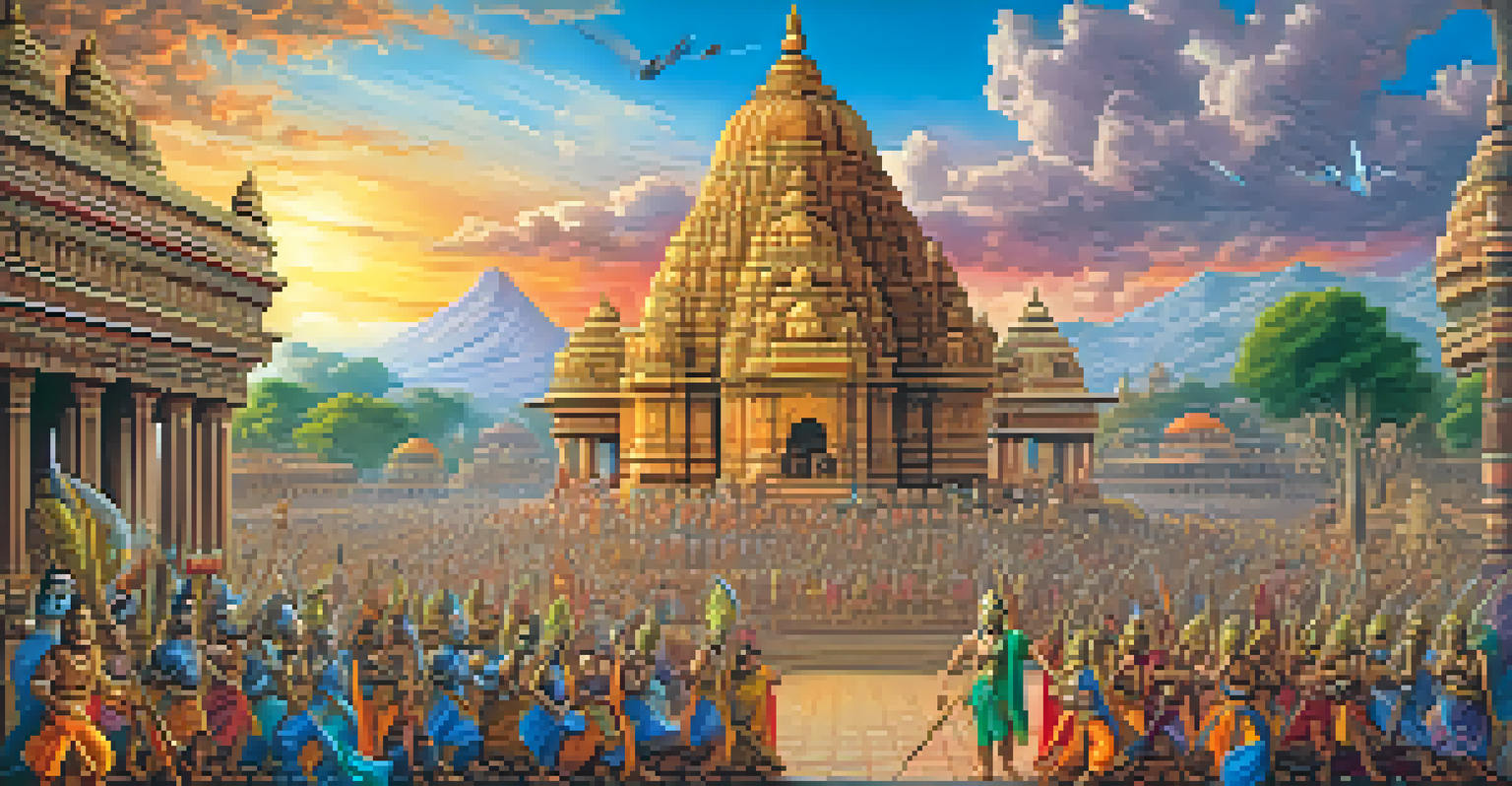 An artistic depiction of characters from the Mahabharata and Ramayana against ancient Indian architecture, showcasing vibrant colors and intricate details.