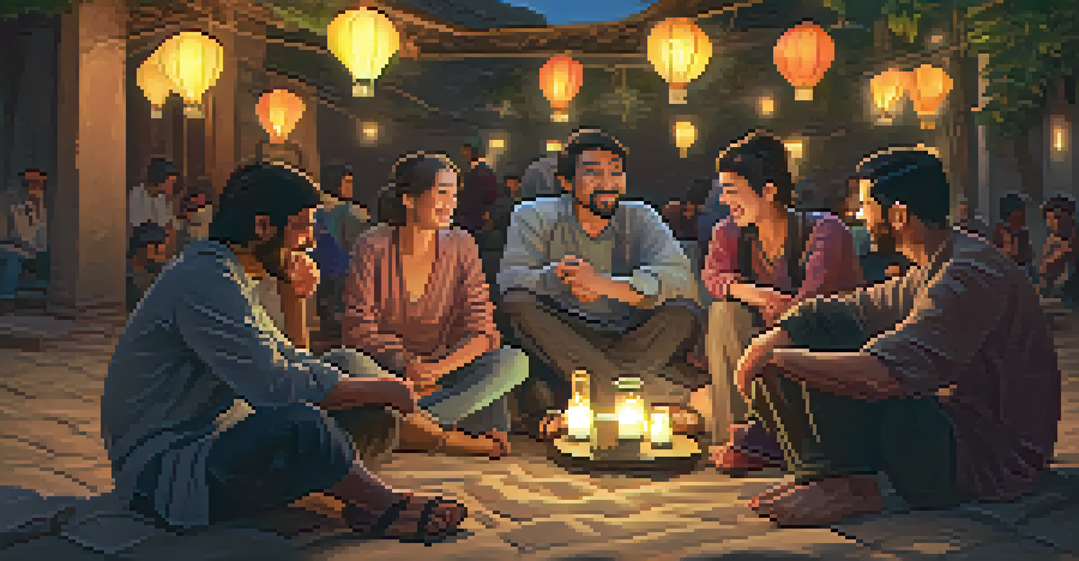 A group of tourists sitting in a circle, engaged in a storytelling session led by a guide in a warm, inviting atmosphere.