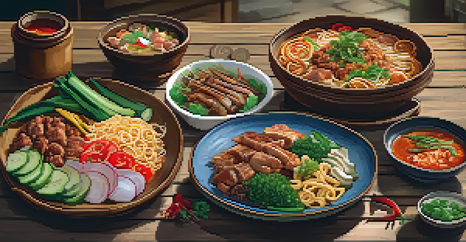 A colorful plate of traditional local dishes featuring spicy noodles and grilled meats, beautifully arranged on a rustic wooden table.