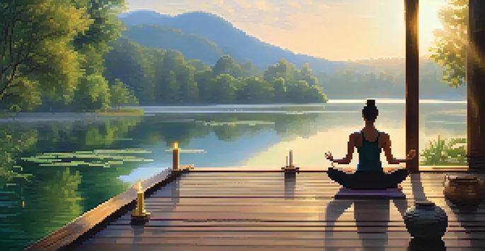 A person doing yoga on a wooden deck by a peaceful lake at sunrise, surrounded by lush greenery and mist.
