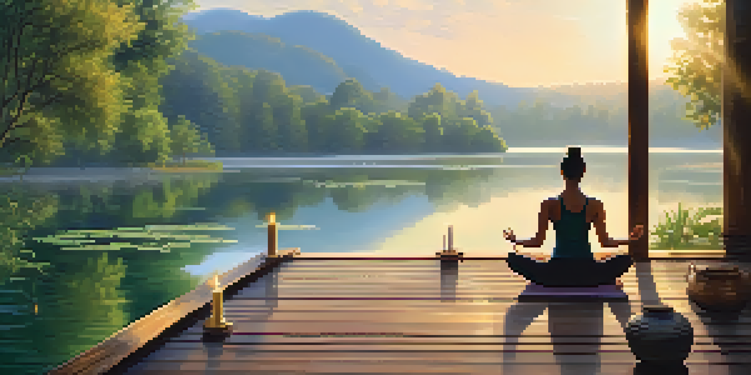 A person doing yoga on a wooden deck by a peaceful lake at sunrise, surrounded by lush greenery and mist.