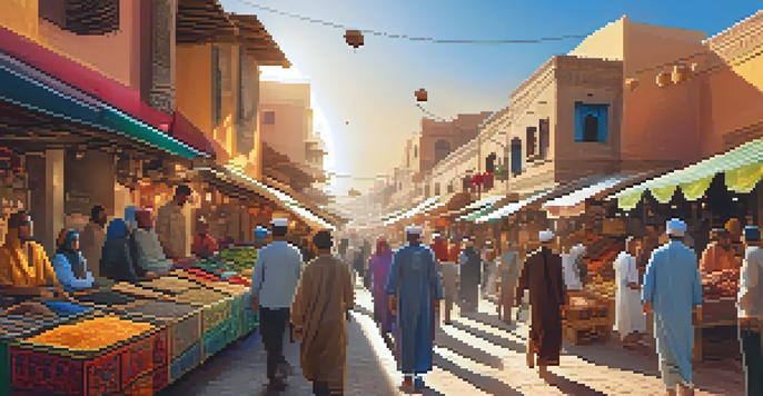 A person wearing a VR headset in a colorful Moroccan market, surrounded by vendors and traditional activities.
