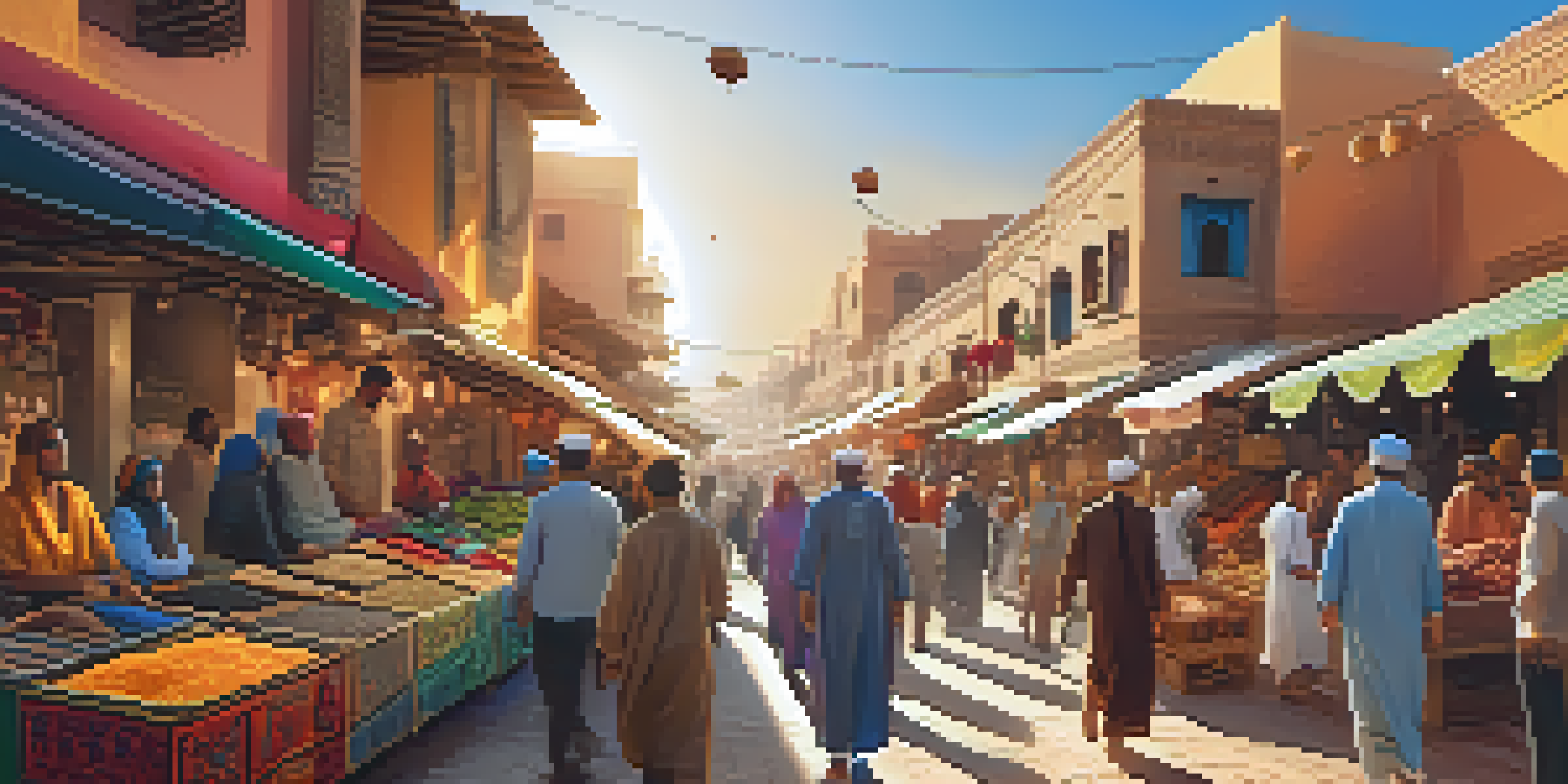A person wearing a VR headset in a colorful Moroccan market, surrounded by vendors and traditional activities.