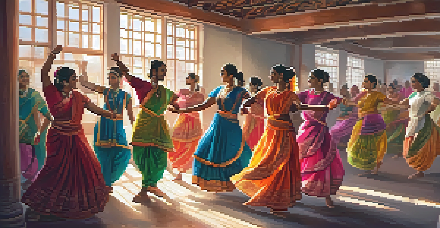 A diverse group of people in a dance studio practicing traditional Indian dance, filled with sunlight and colorful decorations.