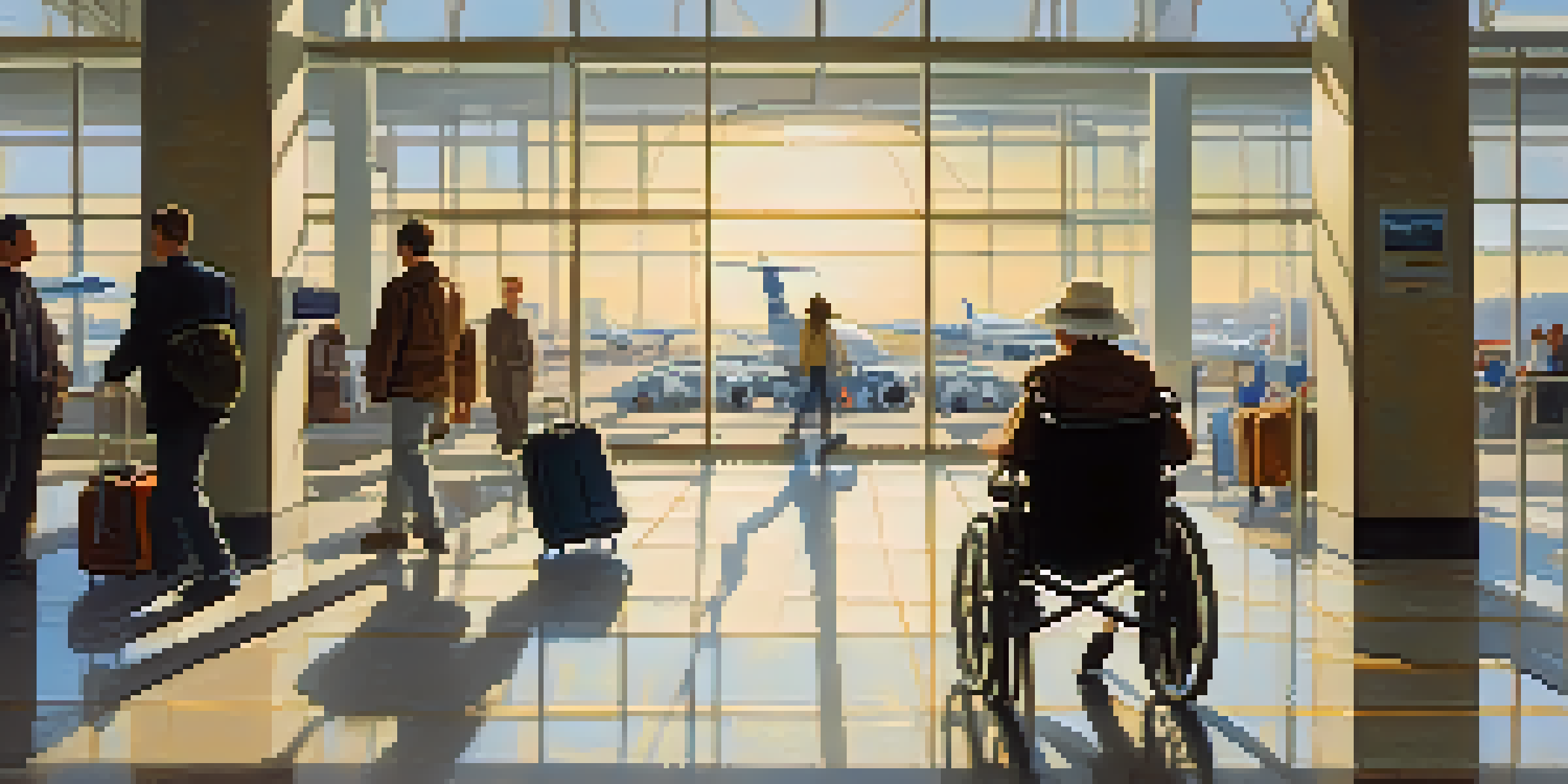A person in a wheelchair confidently navigating an airport terminal, surrounded by busy travelers and bright natural light.
