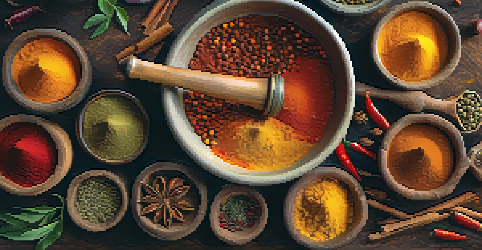 Close-up of hands grinding spices in a mortar and pestle, surrounded by colorful spices on a wooden surface.