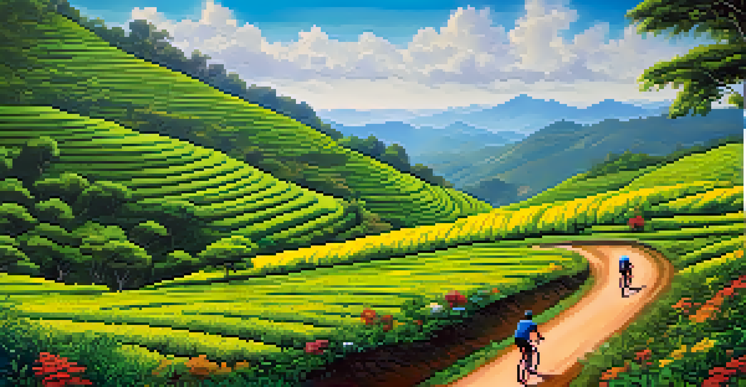 Cyclists riding through tea plantations in the Nilgiri Hills, surrounded by lush greenery and clear skies.