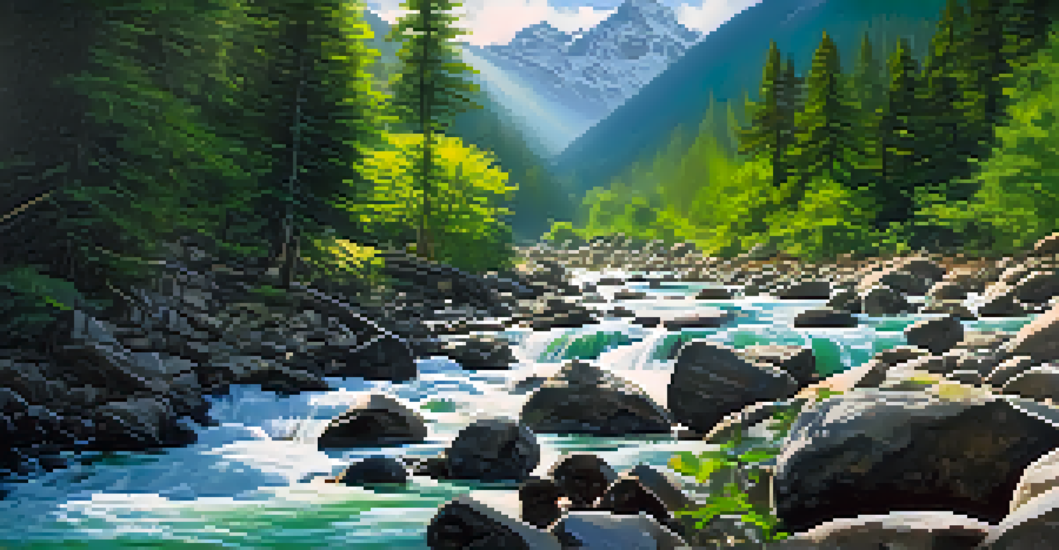A clear mountain stream flowing over rocks in the Himalayas, surrounded by greenery and sunlight filtering through trees.