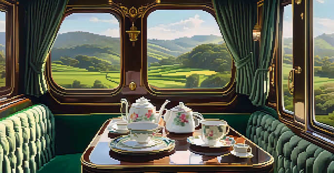 A luxurious heritage railway carriage with vintage decor and a tea set, with a view of green hills and tea gardens outside.