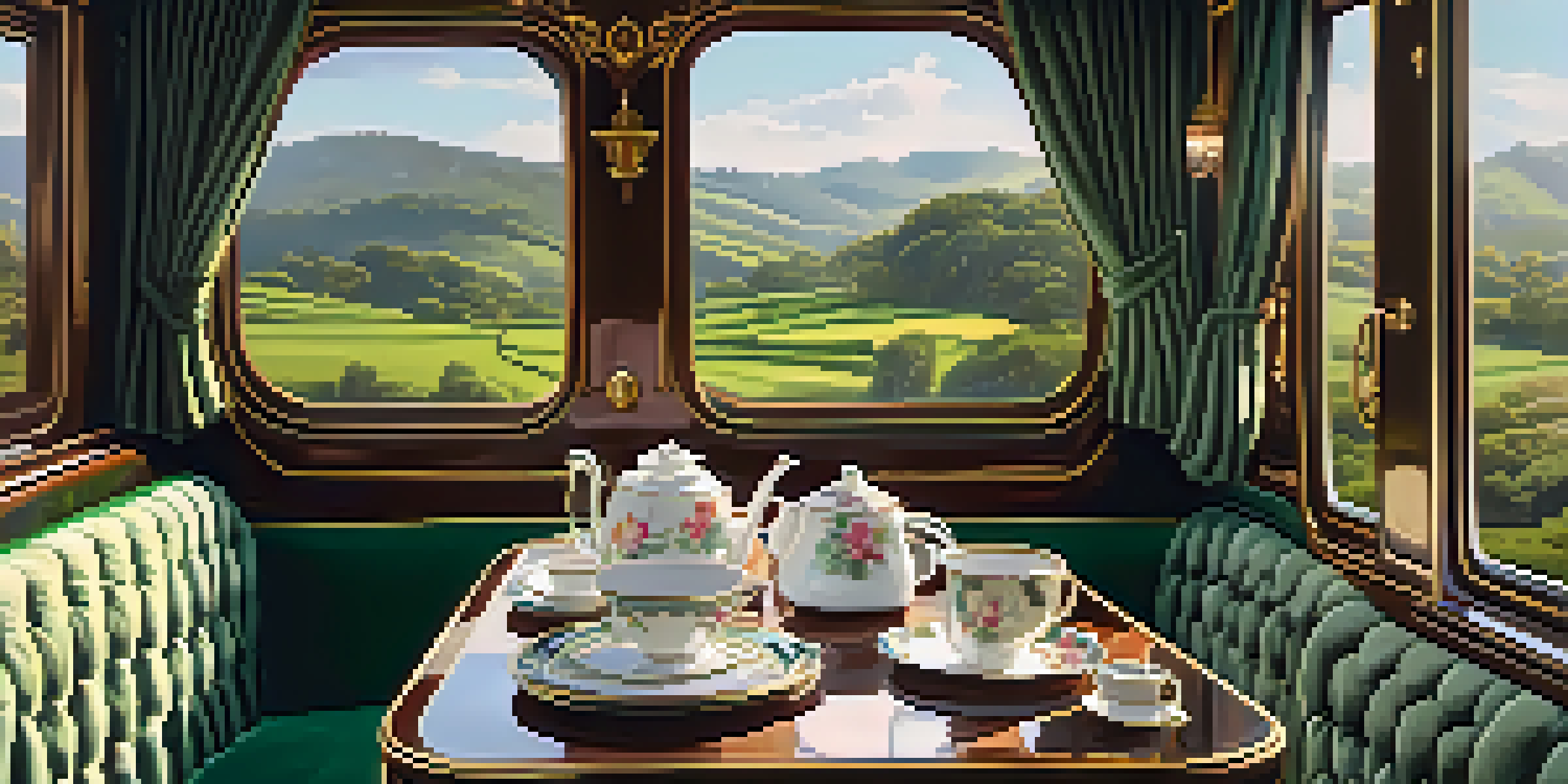 A luxurious heritage railway carriage with vintage decor and a tea set, with a view of green hills and tea gardens outside.