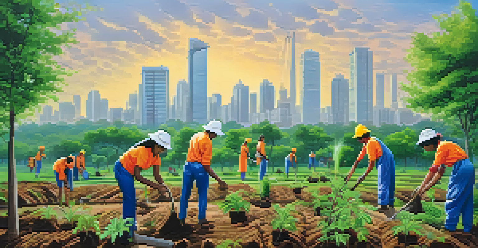 Volunteers are planting trees in an urban area in India, working together with saplings and gardening tools against a cityscape background.