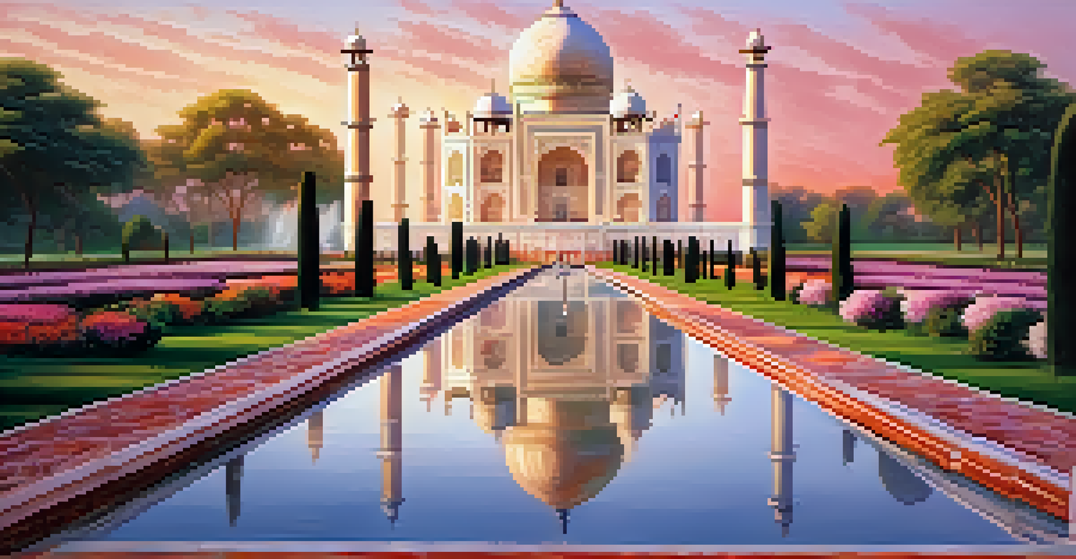 The Taj Mahal glowing at sunrise, surrounded by gardens and reflecting pools.