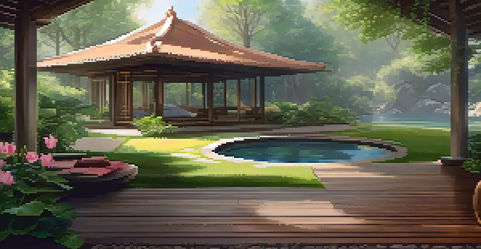 A peaceful wellness retreat with participants meditating in a lush green area, surrounded by flowers and soft sunlight.