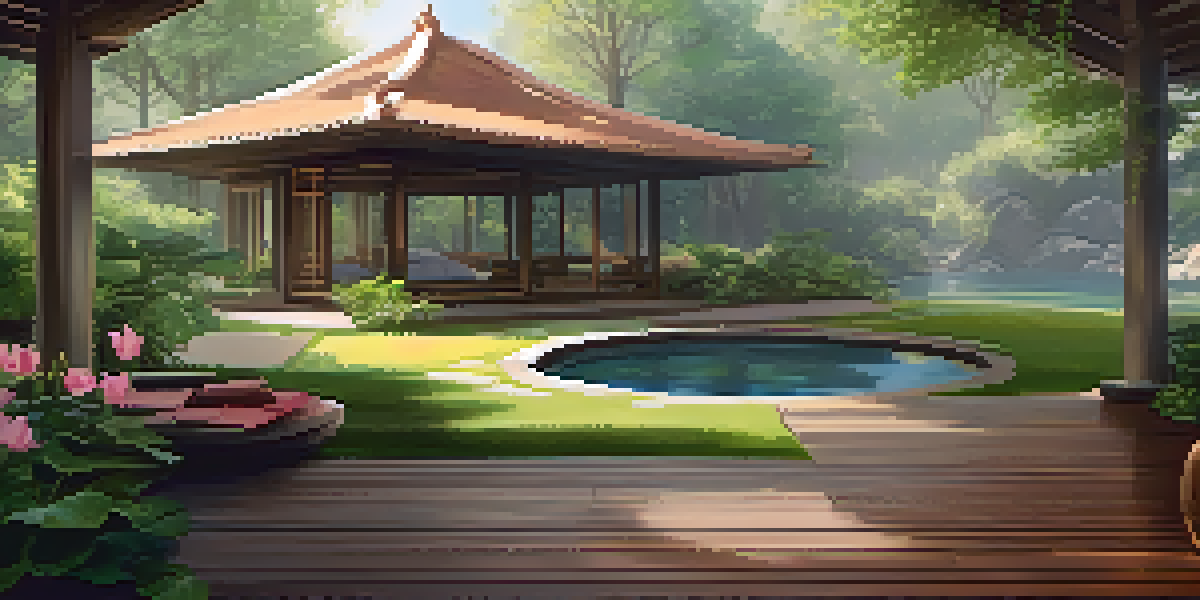 A peaceful wellness retreat with participants meditating in a lush green area, surrounded by flowers and soft sunlight.